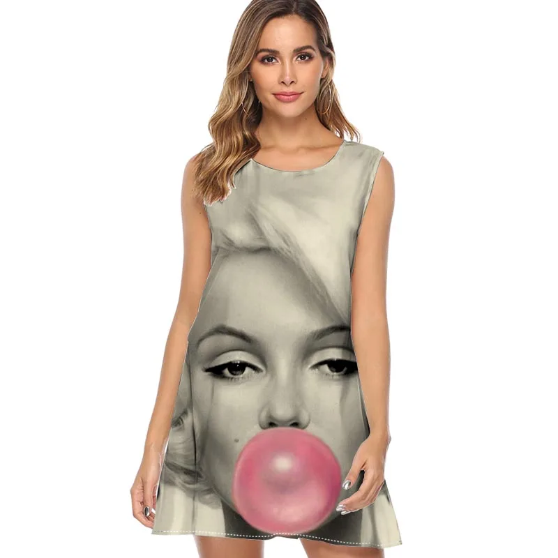 Marilyn Monroe Bubble Blowing Print Dress Women New Sleeveless Chiffon Summer Dress Ladies Casual Loose Mini Party vogue Dress
Marilyn Monroe Bubble Blowing Print Dress Women New Sleeveless Chiffon Summer Dress Ladies Casual Loose Mini Party vogue Dress