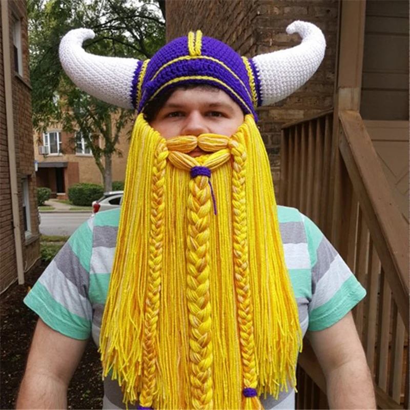 Забавные мужские вязаные шапки Vikings Beanies ручной работы с рогом бороды зимние