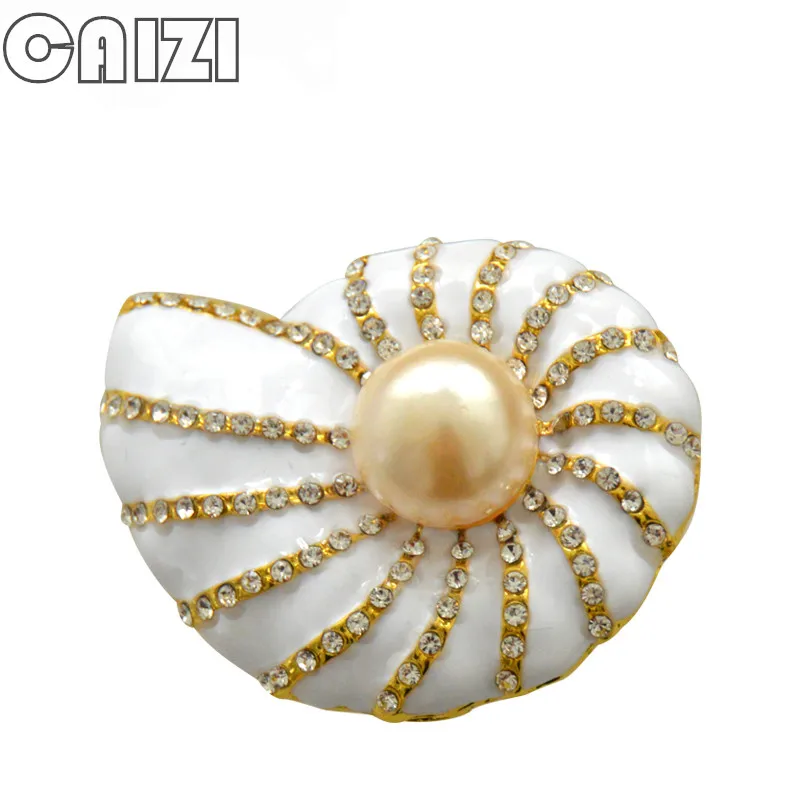 

CAIZI Rhinestone Conch Brooches Crystal Simulated-Pearl Enamel Pin Flower Brooches for Women Wedding Dress Party Jewelry Gifts