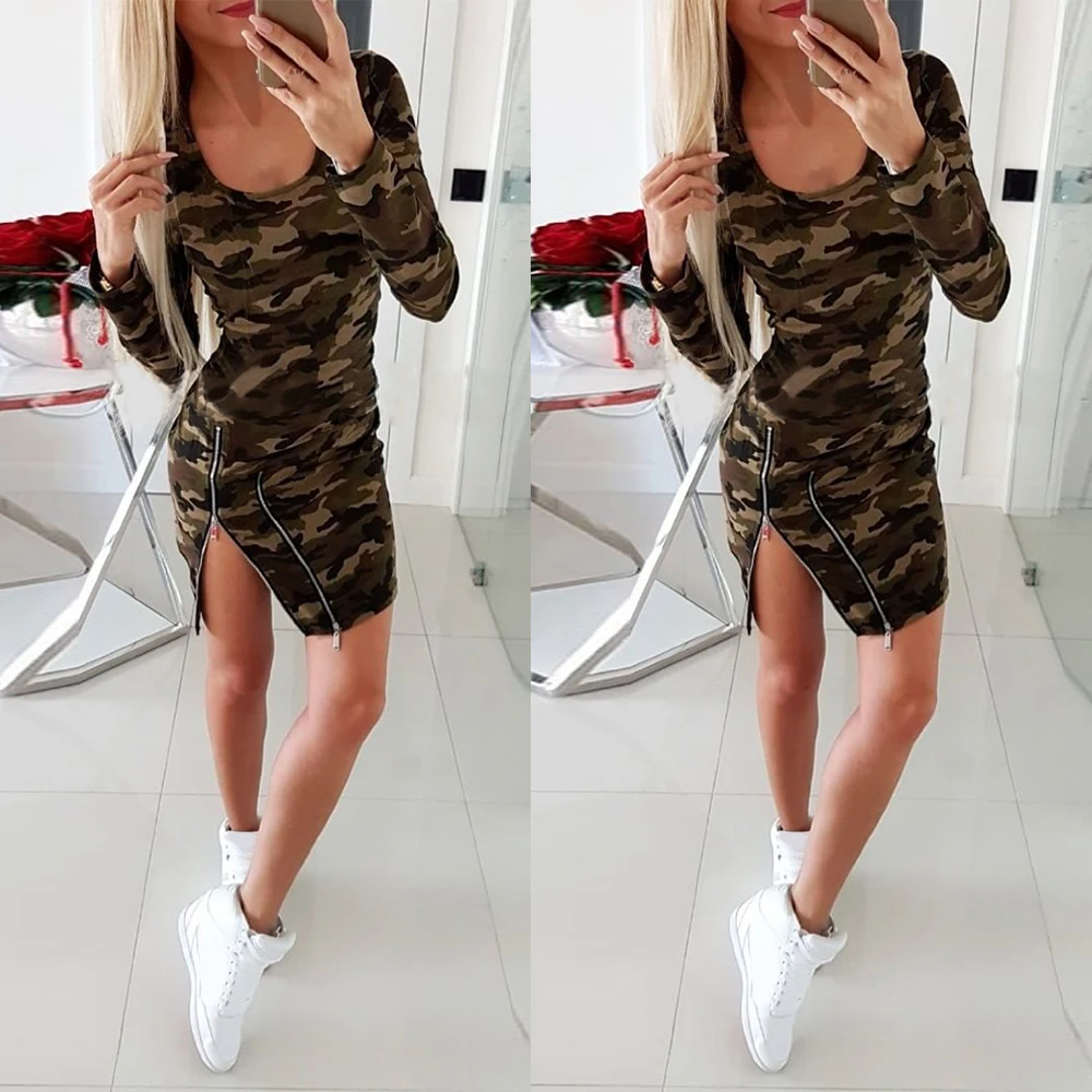 2019 Long Sleeve Camouflage Printed Round Neck Bodycon Dress Sexy High Split Mini Dress Women Dress
2019 Long Sleeve Camouflage Printed Round Neck Bodycon Dress Sexy High Split Mini Dress Women Dress