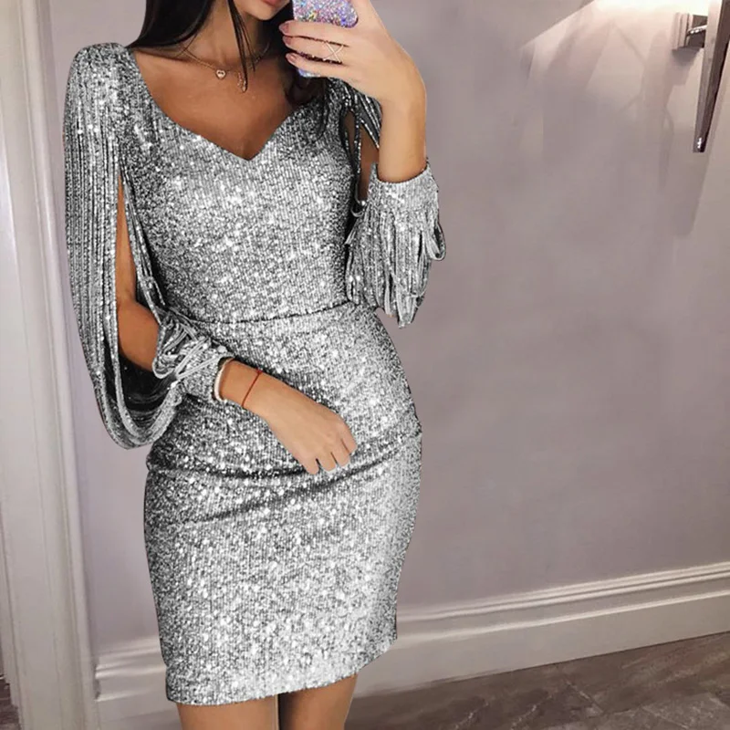 Tassel lantern sleeve sequin dress Women sexy v neck bodycon dresses Autumn fashion elegant party dress Sequined vestidos mujer
Tassel lantern sleeve sequin dress Women sexy v neck bodycon dresses Autumn fashion elegant party dress Sequined vestidos mujer