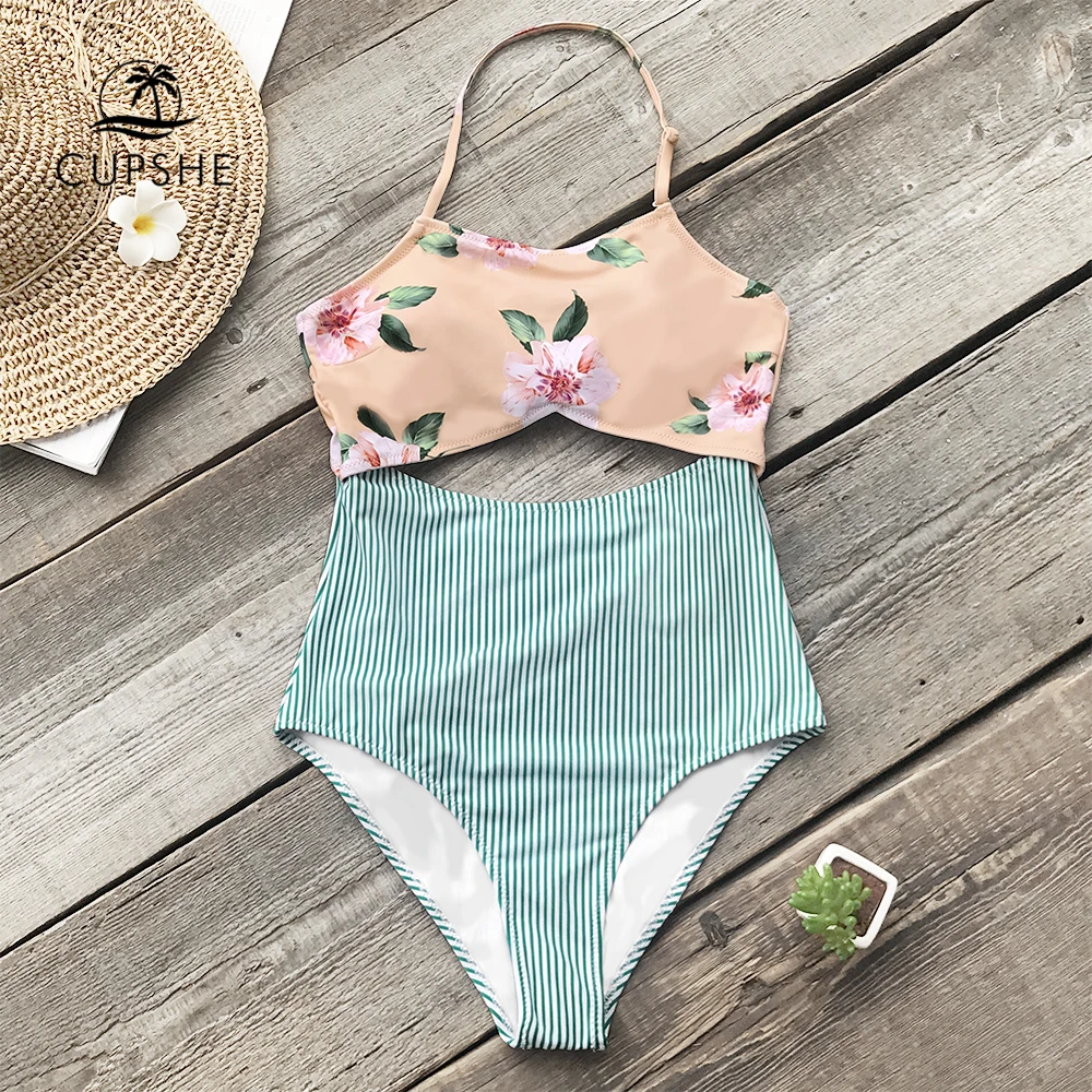 

CUPSHE Pink Floral And Green Striped Halter One-piece Swimsuit Women Tied Back Bow Cutout Monokini 2019 Boho Beach Bathing Suits