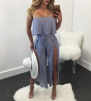 

Summer 2018 Women Strapless Playsuit Solid Rompers Ruffles Sleeve Jumpsuit Backless Sexy Overall Casual Beach Slit Long Pants