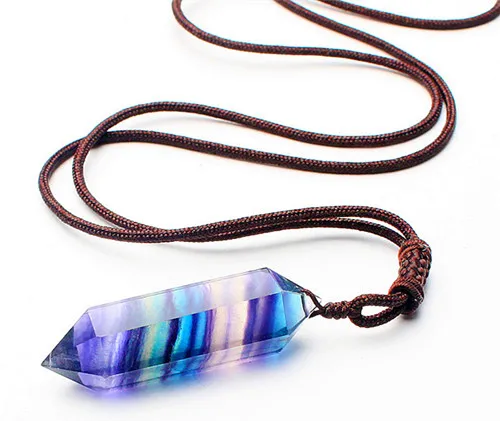 Natural color fluorite six prism pendant double point crystal pillar with divination ornaments 
Natural color fluorite six prism pendant double point crystal pillar with divination ornaments
