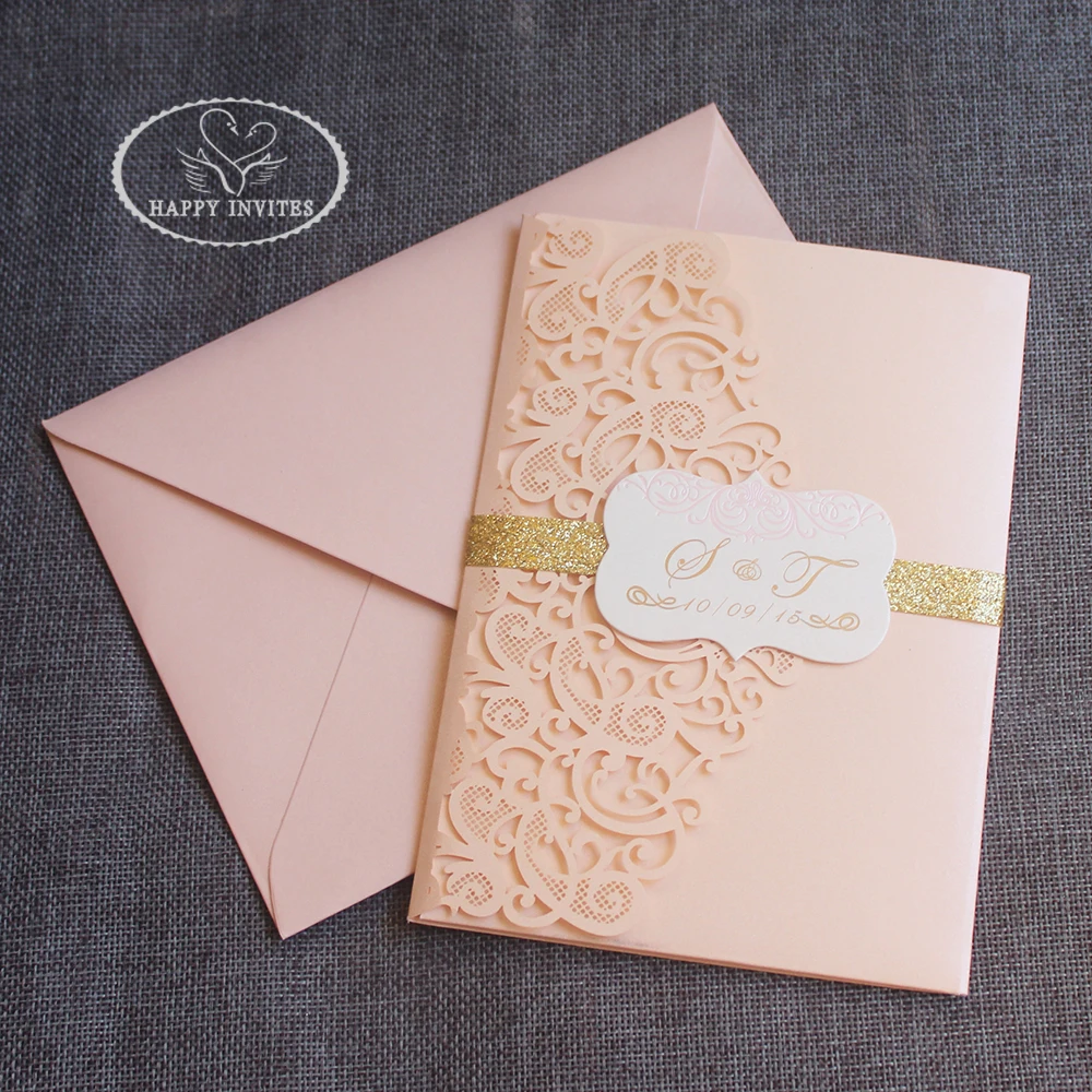 HI3047-02 Custom Pink Pocket Fold Wedding Invitation Card with Gold Foil Made in China