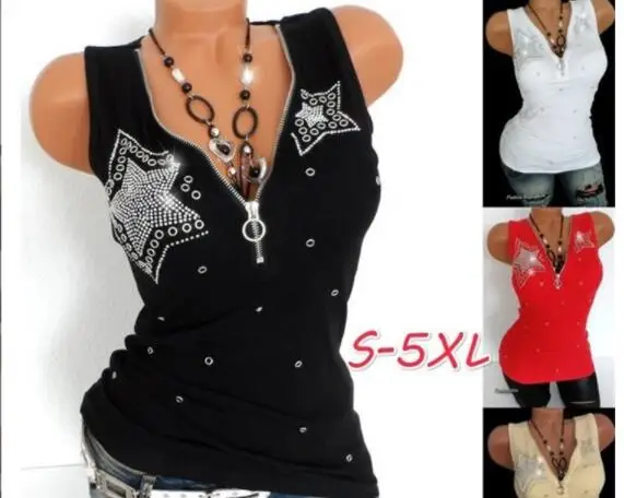 Sexy Zipper V-Neck Tank Top Women Shiny Diamond Sleeveless Tee Shirts Plus Size Solid Color Vest Camisole Female Clothing Summer
Sexy Zipper V-Neck Tank Top Women Shiny Diamond Sleeveless Tee Shirts Plus Size Solid Color Vest Camisole Female Clothing Summer