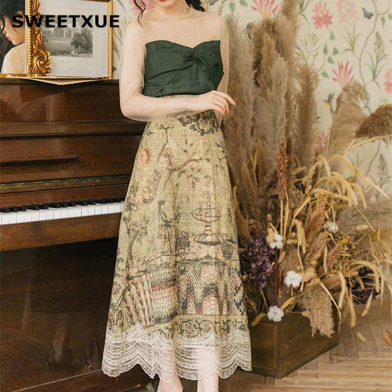 SWEETXUE 2019 Summer Women Suit Mesh Stitching Bow Top + Retro Chinese Style Ink Print Stitching Lace Hollow Skirt 2 Piece Set
SWEETXUE 2019 Summer Women Suit Mesh Stitching Bow Top + Retro Chinese Style Ink Print Stitching Lace Hollow Skirt 2 Piece Set