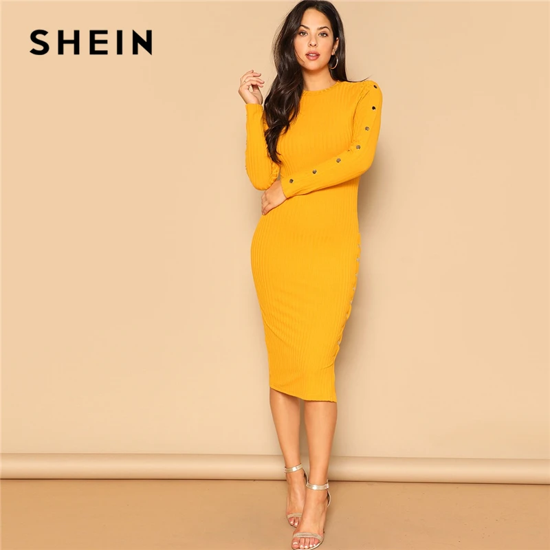 SHEIN Ginger Office Lady Snap Button Side Rib-knit Fitted Bodycon Pencil Dress Women Elegant Solid Autumn Long Sleeve Dresses
SHEIN Ginger Office Lady Snap Button Side Rib-knit Fitted Bodycon Pencil Dress Women Elegant Solid Autumn Long Sleeve Dresses