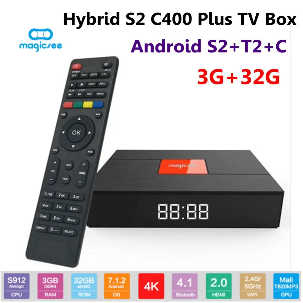 

Magicsee C400 Plus TV Box Hybird S2/T2/C Amlogic S912 Android7.1.2 3GB/32GB 2.4G/5G WiFi 100Mbps BT4.1 PVR Recording Set Top Box