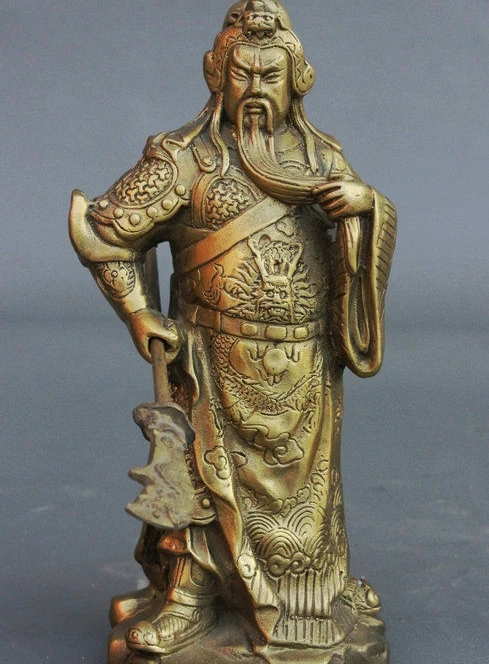 7" Old China Brass Dragon Warrior GuanGong GuanYu God Hold BroadSword Statue