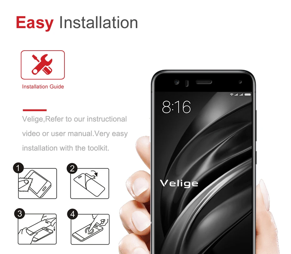 Velige Full Cover Tempered Glass For Xiaomi Mi6 Mi 6 M6 Pro Prime Screen Protector 9H Ultra Thin Protective Glass Film (2)