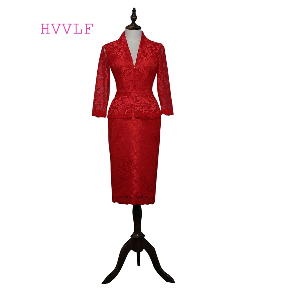 Red 2019 Mother Of The Bride Dresses Sheath V-neck 3/4 Sleeves Knee Length Lace Plus Size Groom Mother Dress For Wedding 
Red 2019 Mother Of The Bride Dresses Sheath V-neck 3/4 Sleeves Knee Length Lace Plus Size Groom Mother Dress For Wedding