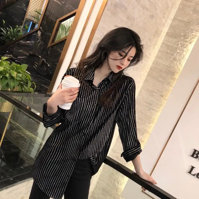 CBAFU sequins blouse black striped velvet disco long sleeve turn down collar long shirt women glitter tops runway femme D575
CBAFU sequins blouse black striped velvet disco long sleeve turn down collar long shirt women glitter tops runway femme D575
