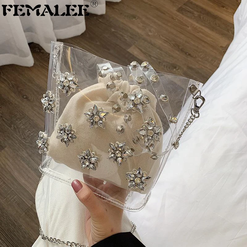 Transparent Tote Bag 2019 Summer New Women's Designer Jelly Handbag Crystal Diamond Rivet Bucket Bag Shoulder Messenger Bags
Transparent Tote Bag 2019 Summer New Women's Designer Jelly Handbag Crystal Diamond Rivet Bucket Bag Shoulder Messenger Bags