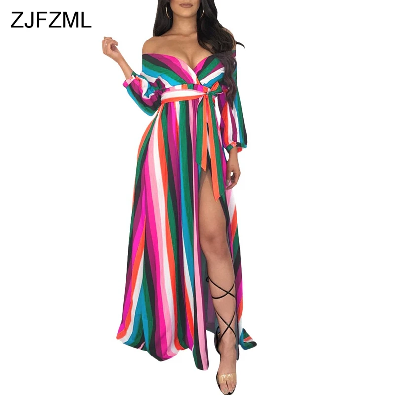 ZJFZML Plus Size Sexy Long Maxi Dress Women Deep V Neck Full Sleeve Stripe Print Dress Autumn Off Shoulder High Split Sash Dress 
ZJFZML Plus Size Sexy Long Maxi Dress Women Deep V Neck Full Sleeve Stripe Print Dress Autumn Off Shoulder High Split Sash Dress
