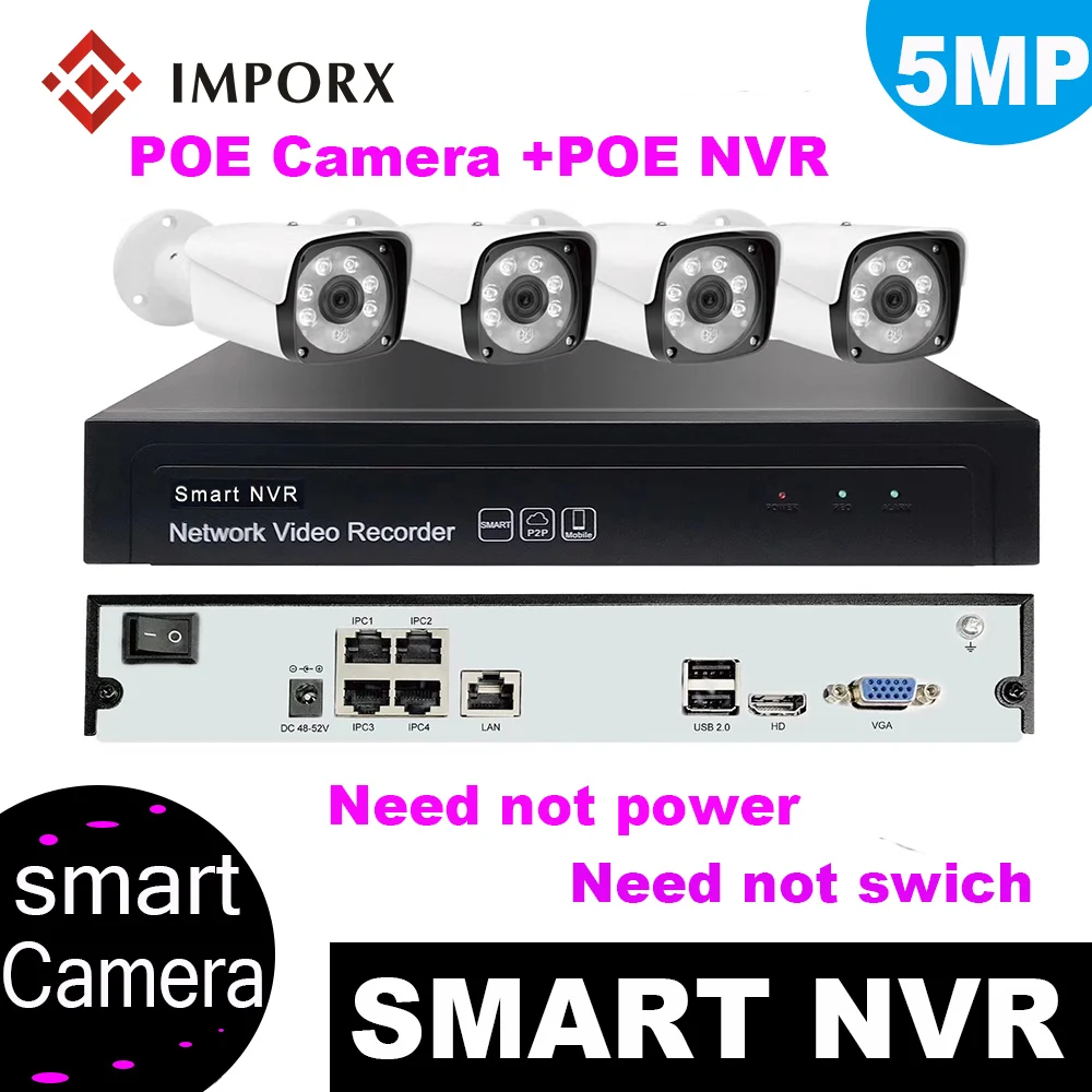 

IMPORX Full HD 1080P 4Channel CCTV System 4pcs 2MP Metal Outdoor IP Camera 4CH 1080P POE NVR CCTV Kit HDMI P2P Email Alarm H.265