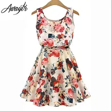 Vestido de verano para mujer 2019 AWAYTR marca Boho nuevo albaricoque sin mangas cuello redondo estampado floral plisado fiesta Clubwear vestido Formal(China)