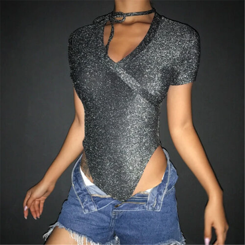Fashion Womens Jumpsuit Short Sleeve V Neck Sliver Sequin Solid Color Bandage Romper Summer Sexy Bodysuit Stretch Bodysuits 
Fashion Womens Jumpsuit Short Sleeve V Neck Sliver Sequin Solid Color Bandage Romper Summer Sexy Bodysuit Stretch Bodysuits