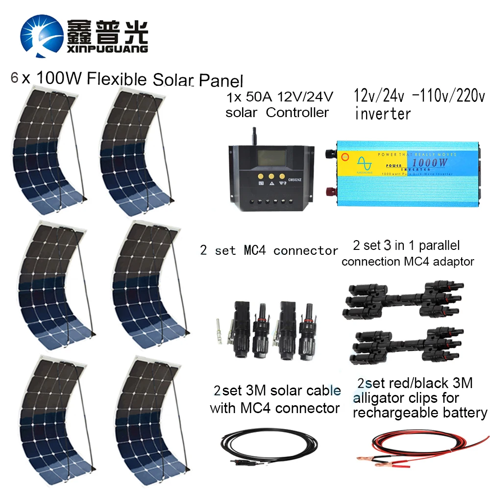 

XINPUGUANG 600w system kit 100w flexible solar panel 1000w inverter 12v/24v 50A controller pv connector solar powerbank