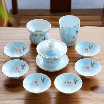 

business gift Chinese kungfu tea set porcelain handpainted gaiwan tureen cup saucer tea cups pitcher filter net tea folder