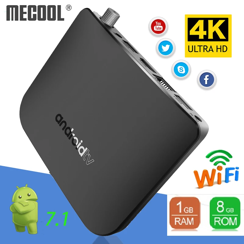 

MECOOL M8S Plus DVB-S-S2 Android 7.1 TV Box 1GB RAM 8 ROM Amlogic S905D Octa Core 100M 4K H.265 2.4G WiFi Set Top IPTV Box