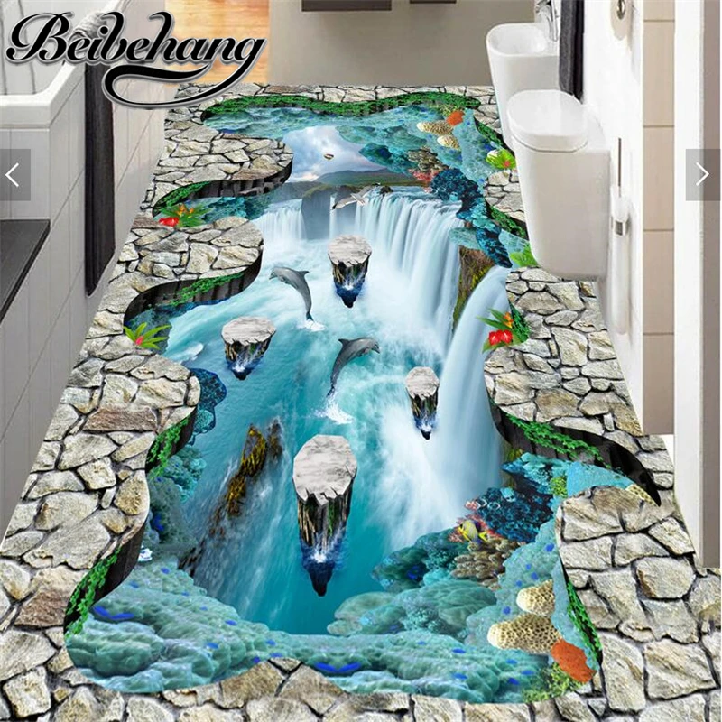 Image Custom large floor stickers cliffs suspended island waterfalls birds bathroom kitchen walkway 3D floor self adhesive floor paint