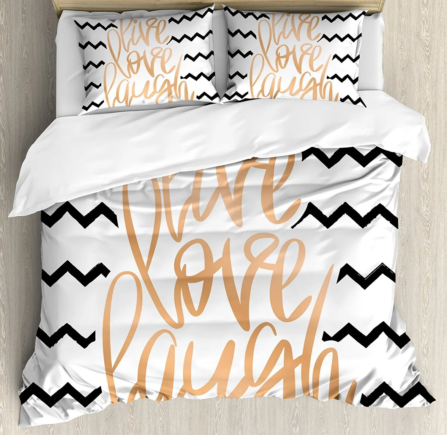 Live Laugh Love Decor Duvet Cover Set Motivational Calligraphic Art with Zigzags Chevron Stripes 4 Piece Bedding Set
Live Laugh Love Decor Duvet Cover Set Motivational Calligraphic Art with Zigzags Chevron Stripes 4 Piece Bedding Set