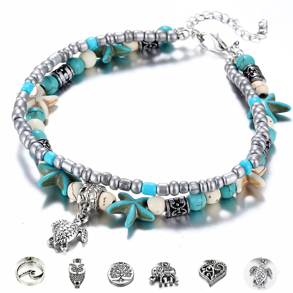 Fashion Double Layer Foot Chain Bohemian Conch Sea Star Beads Beach Turtle Pendant Anklet Bracelets for Women | Украшения и