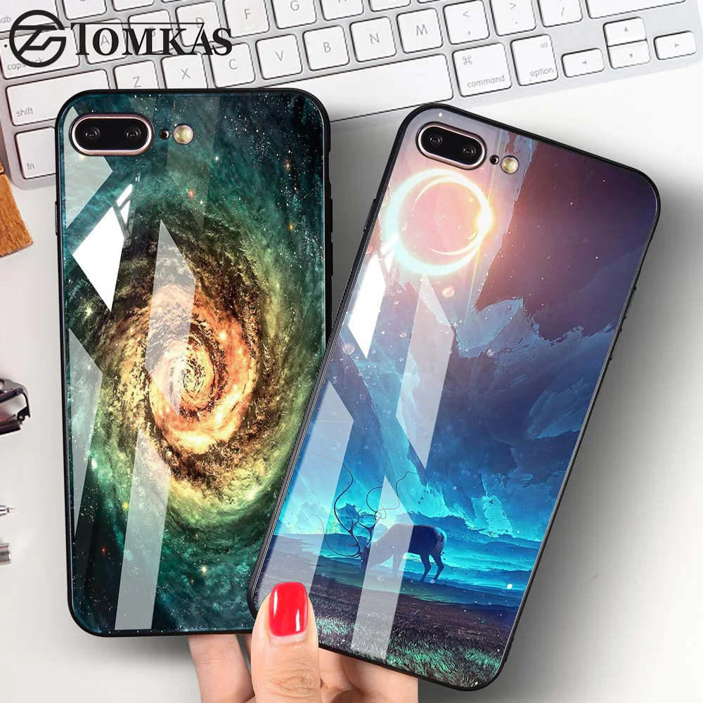 TOMKAS Space Star Case For iPhone X 10 PC+Tempered Glass Patterned 7 6 S 6s 8 Plus Cases Silicone Edge Cover |