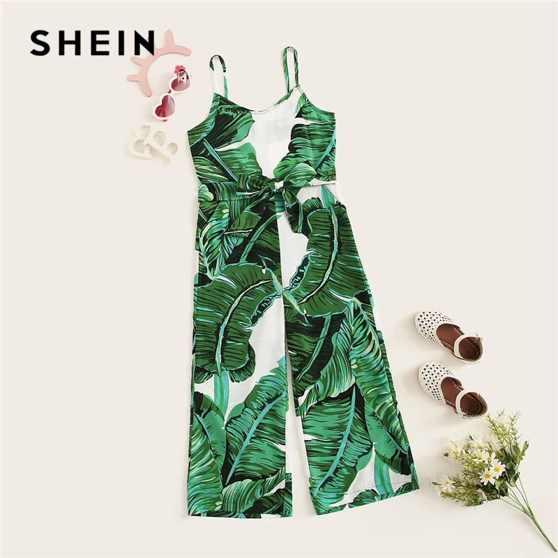 

SHEIN Kiddie Girls Green Tropical Print Self Belted Palazzo Cami Jumpsuit 2019 Summer Sleeveless High Waist Boho Child Jumpsuits