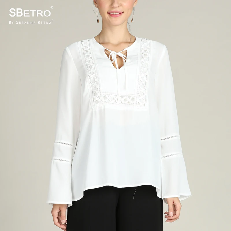 

SBetro Bohemian Tunic Tops Female Lace Inset Bib Tie Notch Neck Bell Sleeve Fashion Autumn Women Blouses Shirts