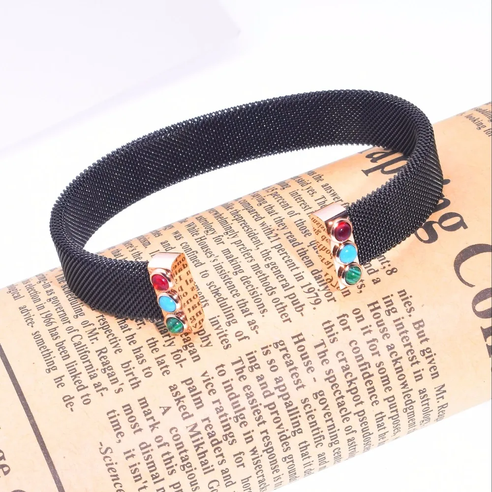 

2019 Stainless Black Mesh open Cuff bangle with natural blue red green stone Jewelry bracelet bangles Pulsera mujer bears style
