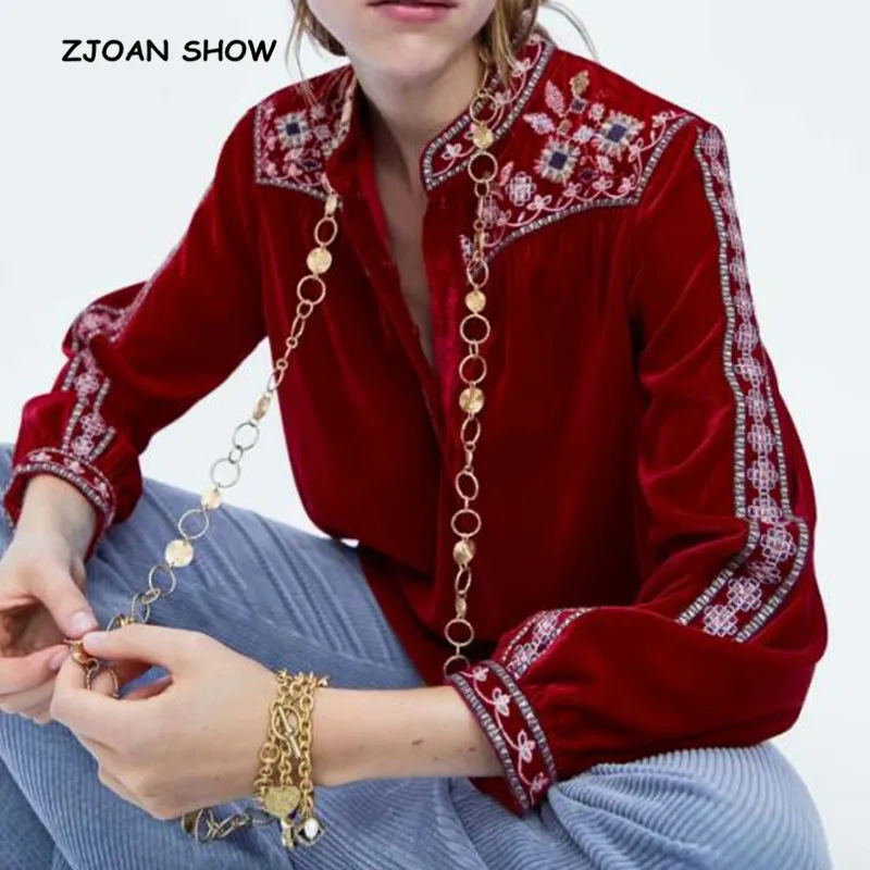 Retro BOHO Red Color Flower Embroidery Velvet Shirt Ethnic Woman Lantern sleeve Open Buttons Stand Collar Velour Blouse Tops
Retro BOHO Red Color Flower Embroidery Velvet Shirt Ethnic Woman Lantern sleeve Open Buttons Stand Collar Velour Blouse Tops