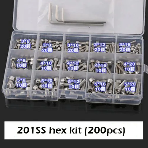 200Pcs/set DIN912 M3 M4 M5 201 Stainless Steel Hexagon Socket Head Cap Screws Bicycle Hex Bolts Assortment Kit HW003
200Pcs/set DIN912 M3 M4 M5 201 Stainless Steel Hexagon Socket Head Cap Screws Bicycle Hex Bolts Assortment Kit HW003