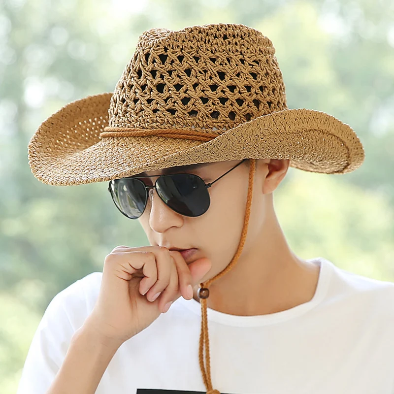 

Unisex Fashion Men Raffia Straw Hat Panama Fedora UV Protect Summer Curl Brim Sun Hats Male Beach Visor Trilby Cap B-8047