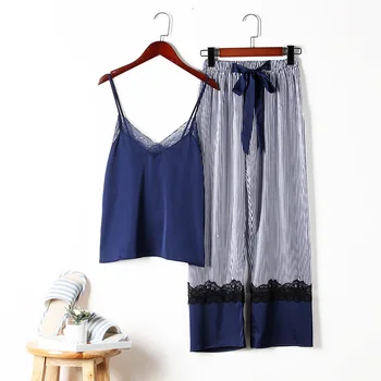 Sexy Lady Lace Trim 2 Piece Nightwear Summer V-Neck Top And Striped Pants Pajamas Pyjama Set Rayon Sleepwear Casual Home Wear
Sexy Lady Lace Trim 2 Piece Nightwear Summer V-Neck Top And Striped Pants Pajamas Pyjama Set Rayon Sleepwear Casual Home Wear
