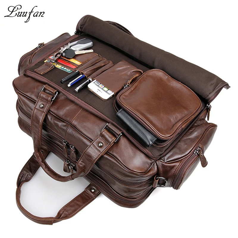 

Men's genuine leather briefcase 16" Big real leather laptop tote bag Cow leather business bag double layer messenger bag