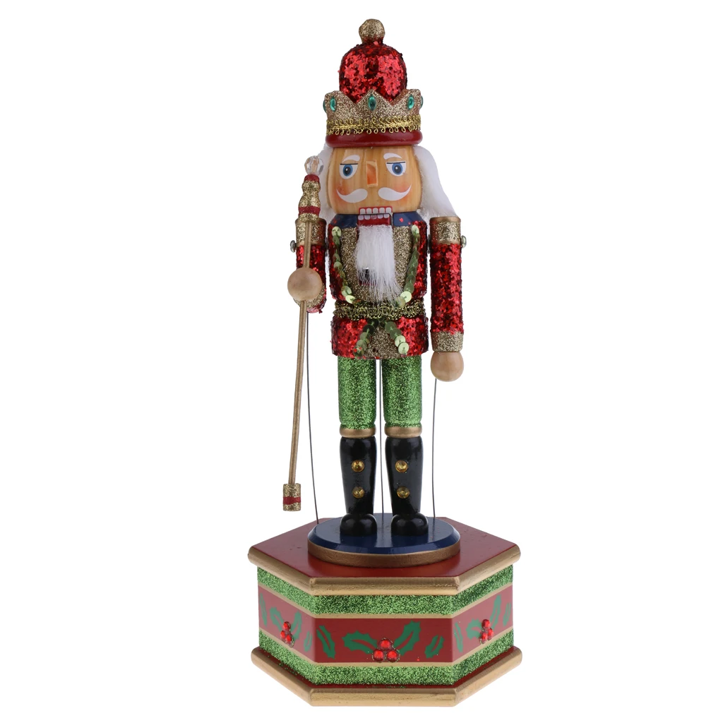 Handmade Wooden Nutcracker with Scepter On with Music Box w/ Clockwork Home Ornament Christmas Decor Display Collectibles Gifts