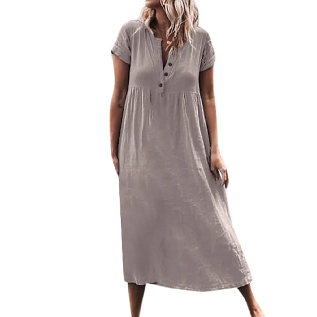 Women Loose Long Dresses V-Neck Roll Up The Short Sleeve Solid Dress Splice Button Beach Holiday Casual Daily Midi-Calf Dress
Women Loose Long Dresses V-Neck Roll Up The Short Sleeve Solid Dress Splice Button Beach Holiday Casual Daily Midi-Calf Dress