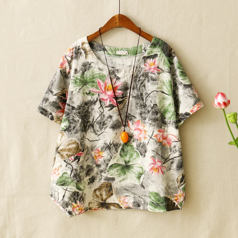 Summer New Vintage Female Lotus Flower Printing Cotton Linen Tops Big Size Loose Short Sleeved T-shirt Women Clothes O-Neck Tees
Summer New Vintage Female Lotus Flower Printing Cotton Linen Tops Big Size Loose Short Sleeved T-shirt Women Clothes O-Neck Tees