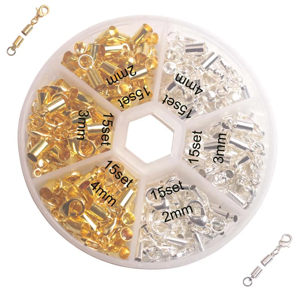 1 Box/90 Sets of Gold Silver plated cord end w/ Lobster clasp for 2mm 3mm 4mm leather in Container
1 Box/90 Sets of Gold Silver plated cord end w/ Lobster clasp for 2mm 3mm 4mm leather in Container