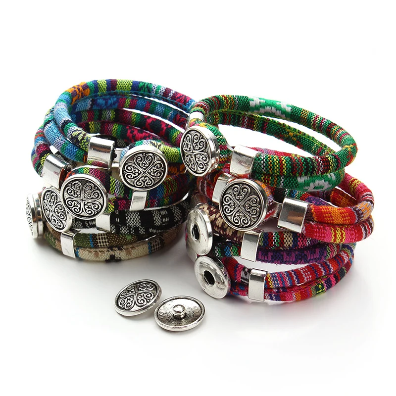 

Bohemian Multicolor Cotton Cords Bracelets Tibetan Silver Color Ethnic Wrap Flower Snap Button Bracelet Jewelry Pulseras Mujer