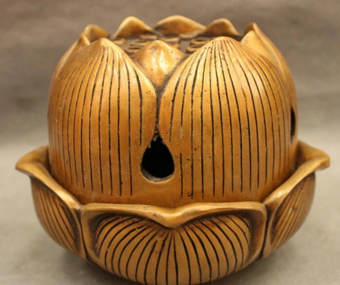 

JP S0610 Folk Chinese Bronze Buddhism Auspicious Lotus Statue Bowl Incense Burner Censer