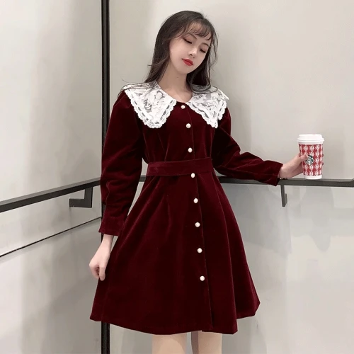Korean Chic Preppy Style Vintage Gold Velvet Women Dress Lace Peter Pan Collar Full Sleeve Pearl Button Kawaii Dresses Woman | Женская