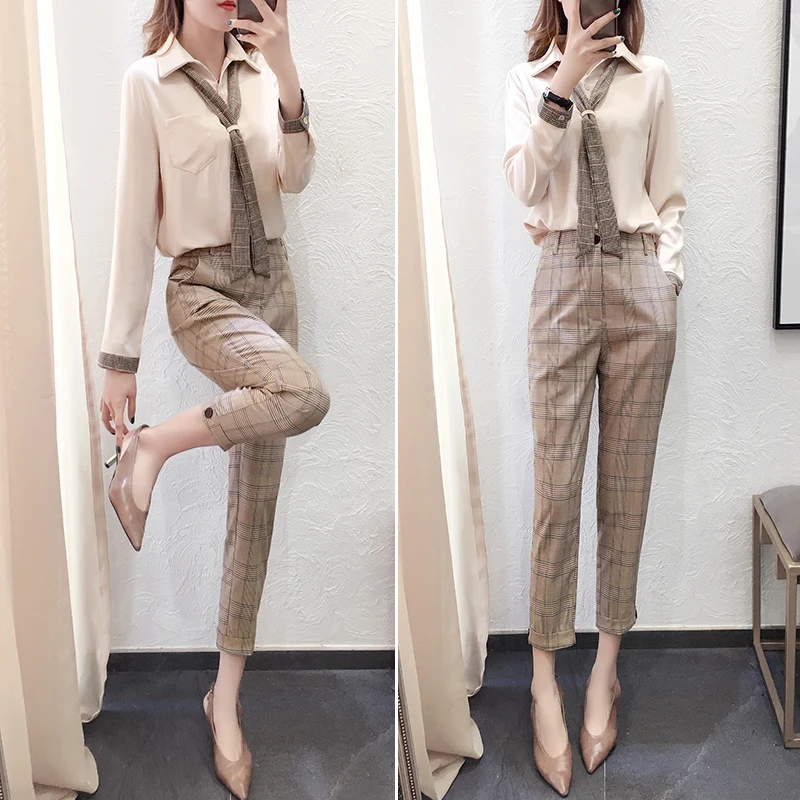 Temperament Fashionable Costumes For Women Chiffon Shirt Plaid Pants Two Piece Set Elegant Wild Ensemble Femme Survetement
Temperament Fashionable Costumes For Women Chiffon Shirt Plaid Pants Two Piece Set Elegant Wild Ensemble Femme Survetement