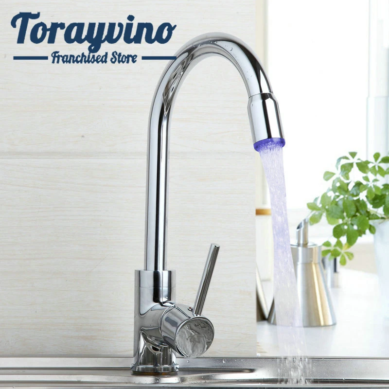 Torayvino kitchen 360 Degrees Swivel Faucet LED Torneira Rotate single handle Chrome Brass Basin Cold & Hot Mixer Tap | Обустройство