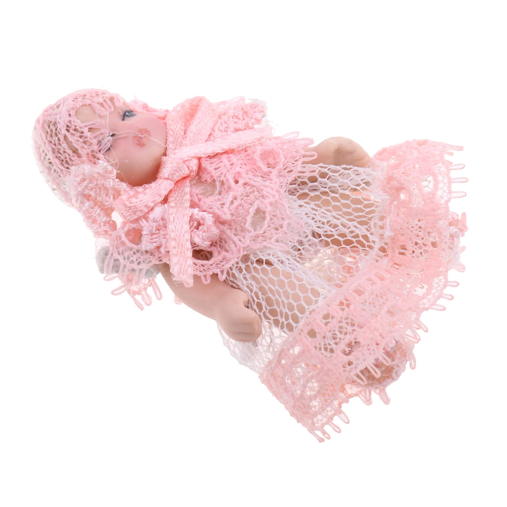 1/12 Scale Dollhouse Miniature People Figures Porcelain Baby Toddler Doll in Pink Lace Dress Rooms Accessories