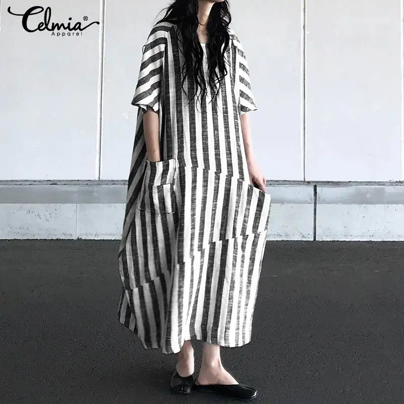 Celmia Summer Maxi Long Dress Casual Striped Short Sleeve Round Neck Pockets Loose Dress Plus Size Elegant Party Bodycon Vestido 
Celmia Summer Maxi Long Dress Casual Striped Short Sleeve Round Neck Pockets Loose Dress Plus Size Elegant Party Bodycon Vestido