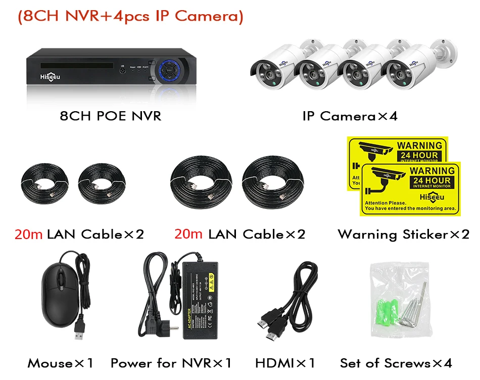 Hiseeu 4MP POE CCTV System with 4 POE Cameras