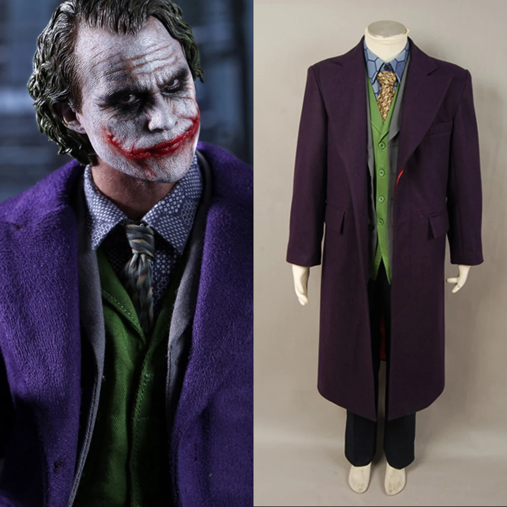 

6pcs Adult Men Batman Dark Knight Joker Costume Heath Ledger Joker Cosplay Costume Trench Coat+Shirt+Vest+Pants+Blazer+Tie